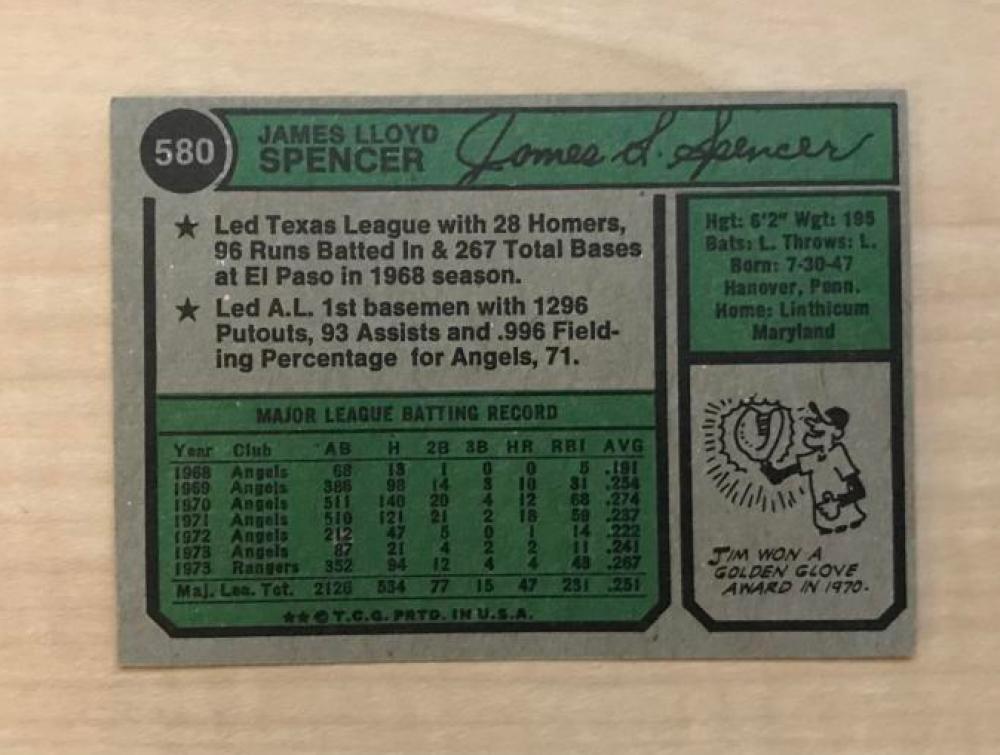 JIM SPENCER TEXAS RANGERS SIGNED VINTAGE DECEASED 1974 TOPPS CARD #580 W/COA