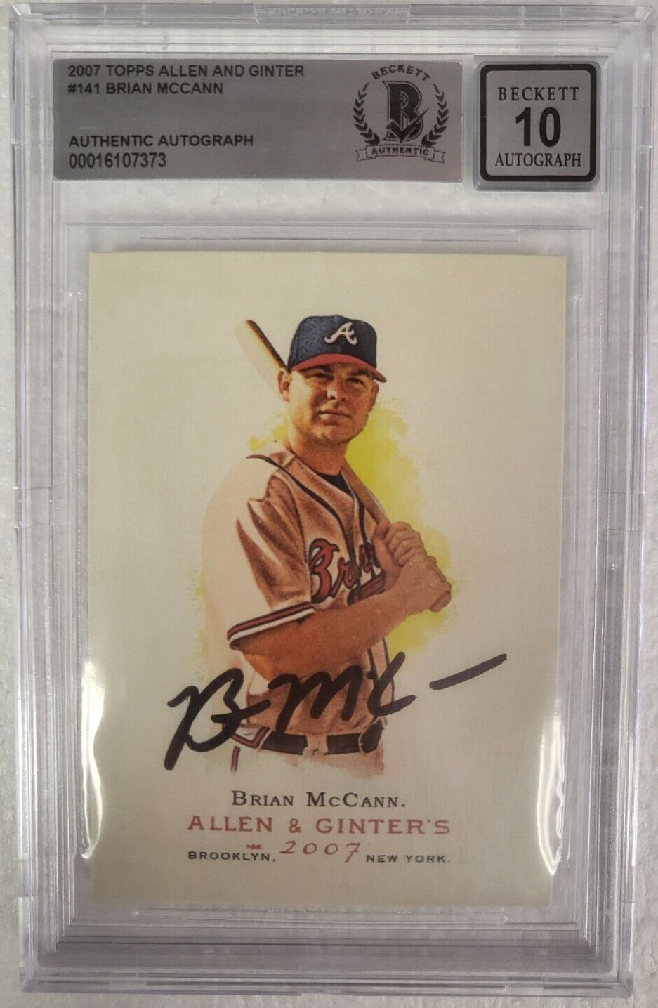 2007 TOPPS ALLEN AND GINTER BRIAN MCCANN BRAVES SIGNED #141 CARD BECKETT 10 AUTO