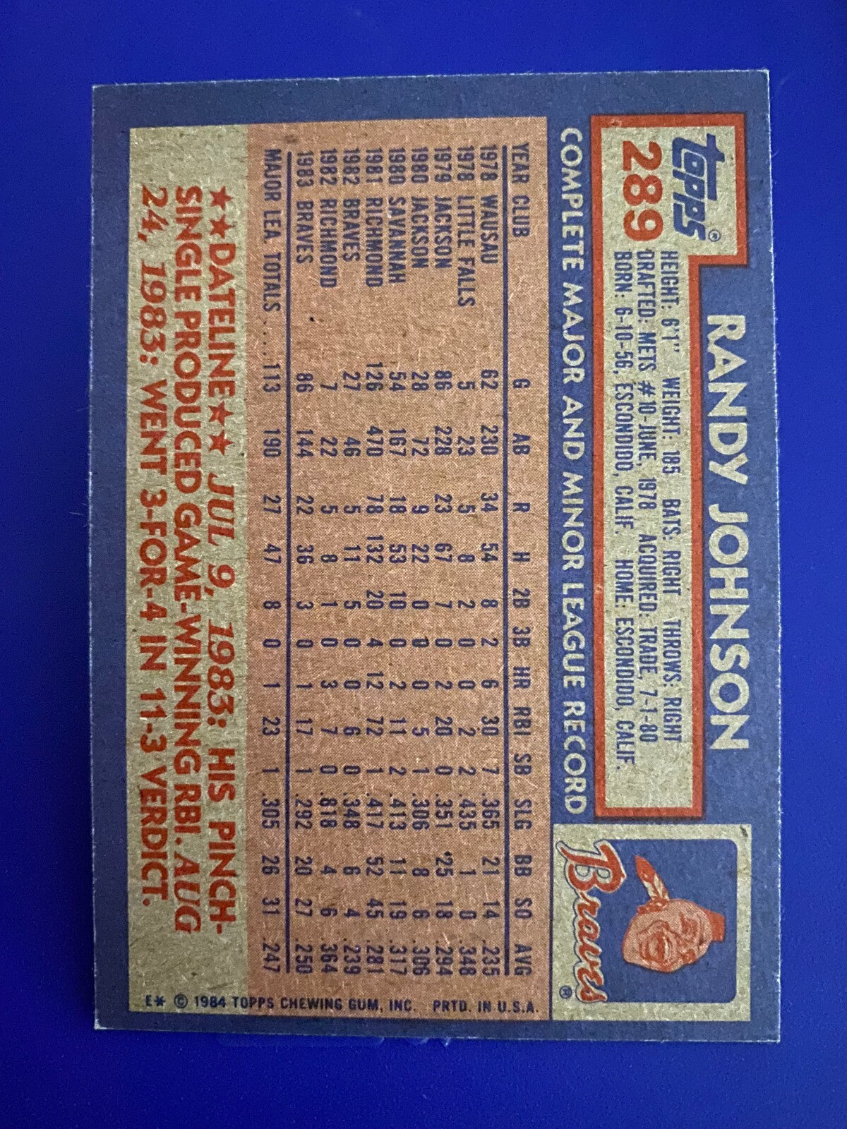 1984 TOPPS RANDY JOHNSON ATLANTA BRAVES SIGNED AUTOGRAPHED CARD #289 W/COA