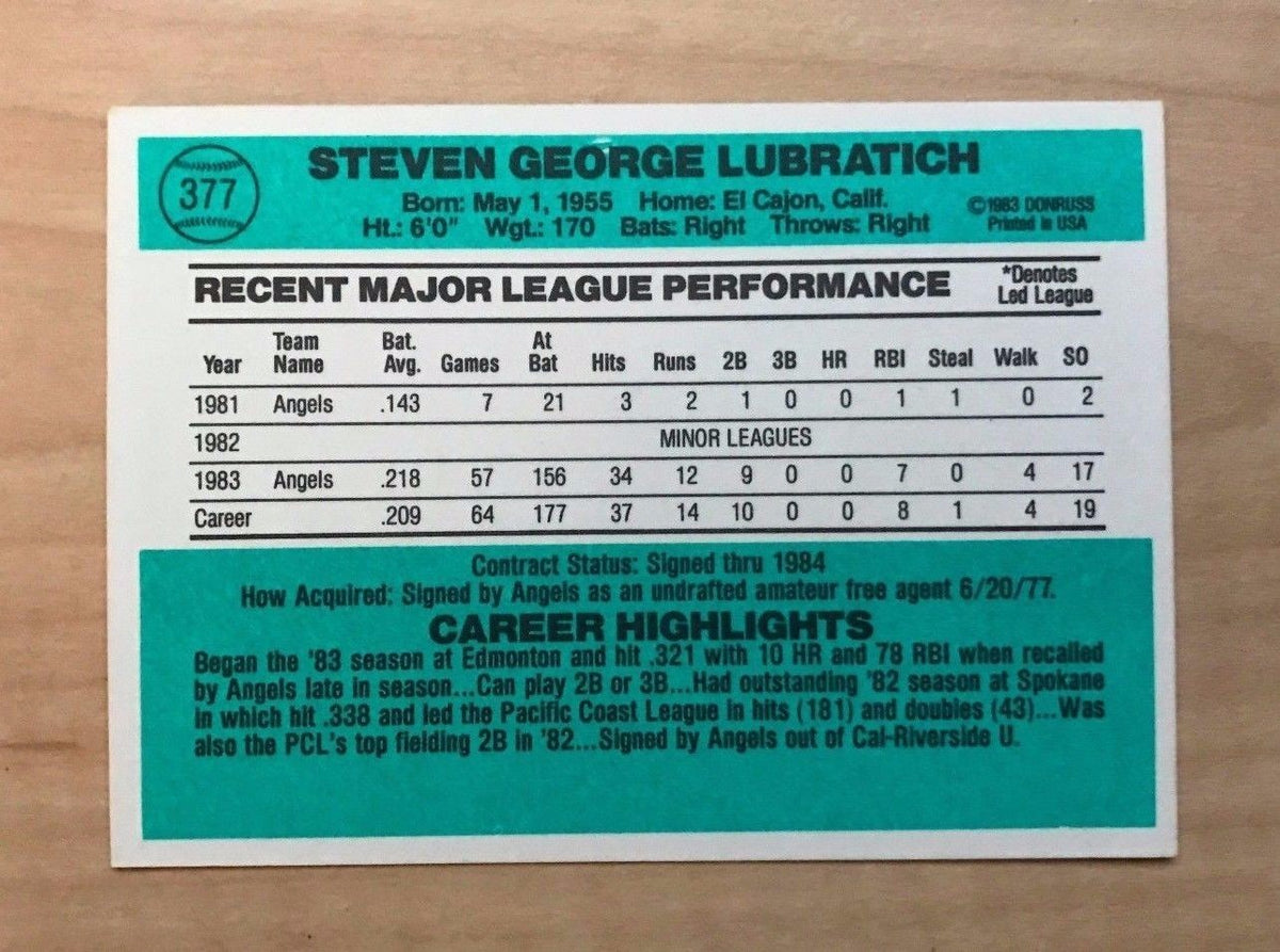 STEVE LUBRATICH CALIFORNIA ANGELS SIGNED AUTOGRAPHED 1984 DONRUSS CARD #377 W/CO