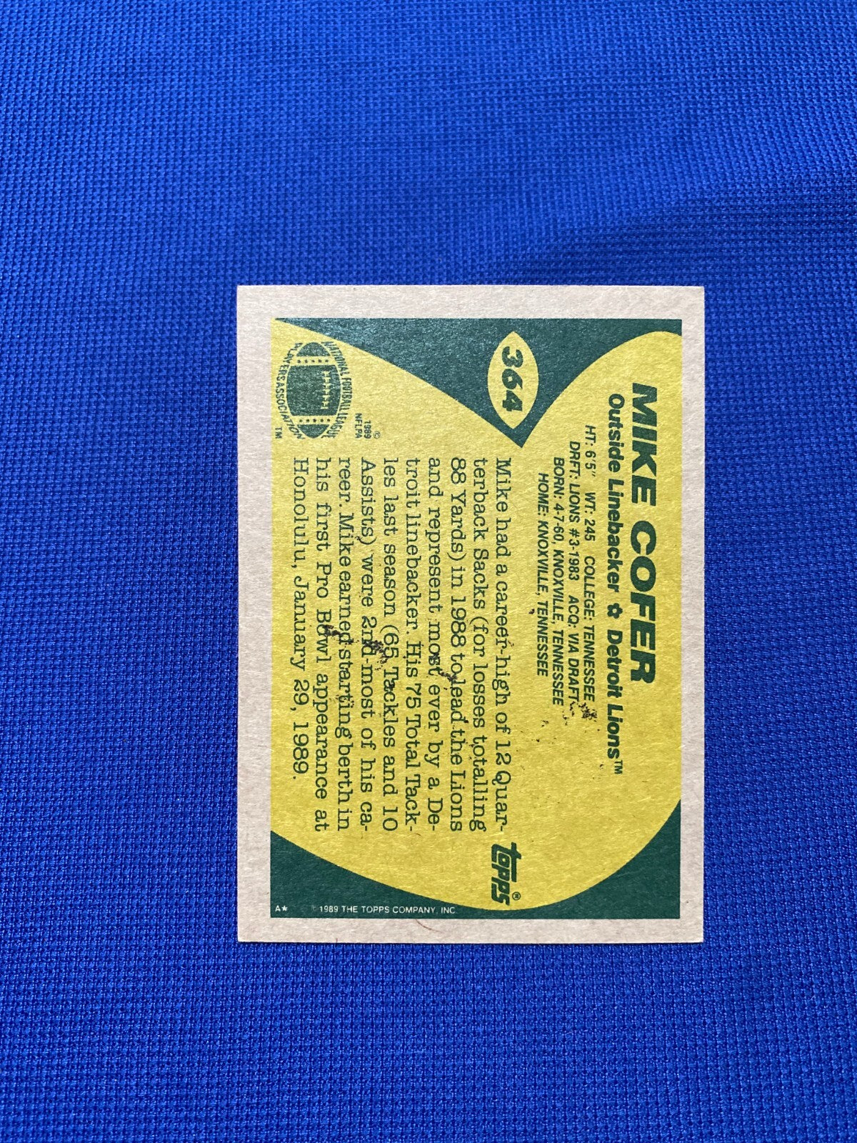 1989 TOPPS MIKE COFER DETROIT LIONS SIGNED AUTOGRAPHED AUTO CARD #364 W/COA