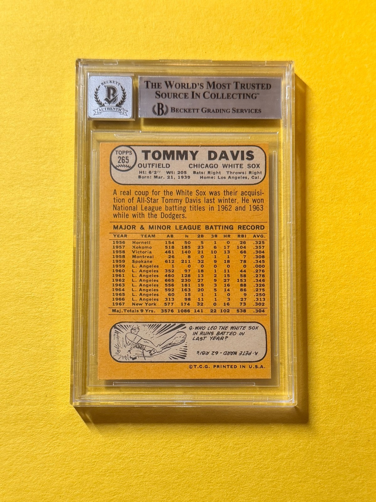 1968 TOPPS TOMMY DAVIS #265 SIGNED AUTO CARD BECKETT 10 AUTHENTIC WHITE SOX