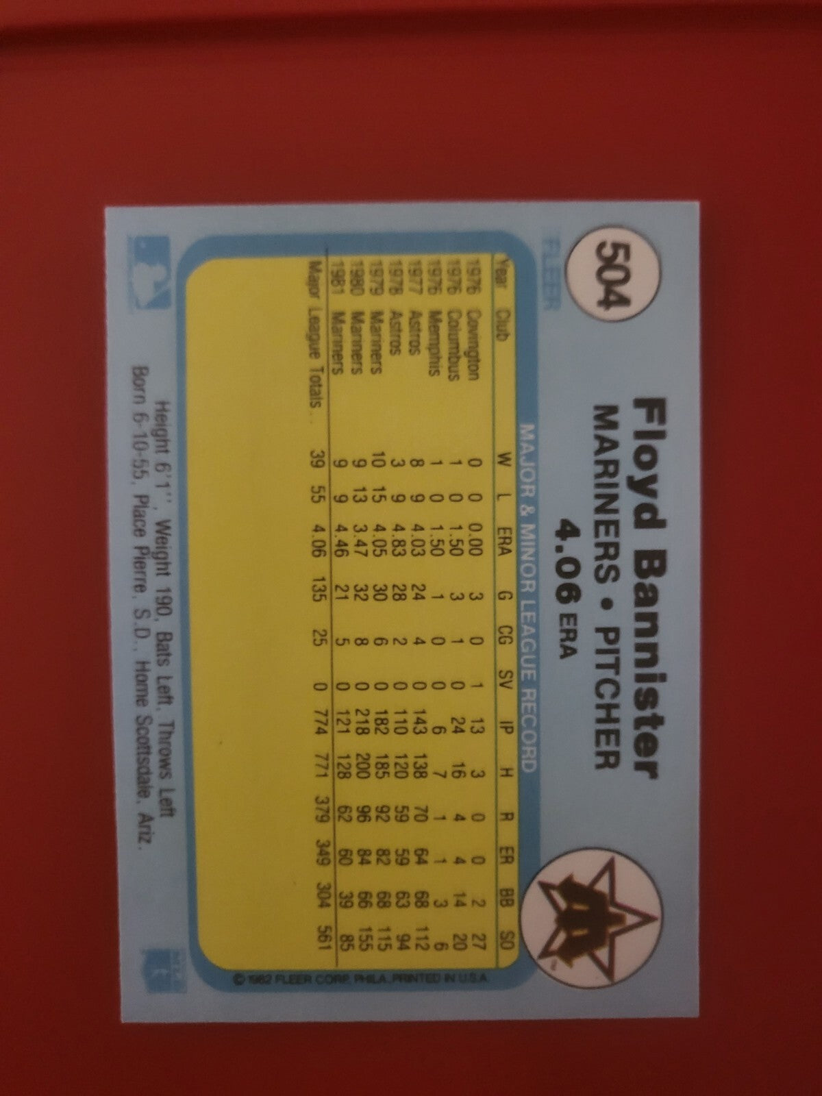 1982 FLEER FLOYD BANNISTER SEATTLE MARINERS SIGNED AUTOGRAPHED AUTO CARD #504