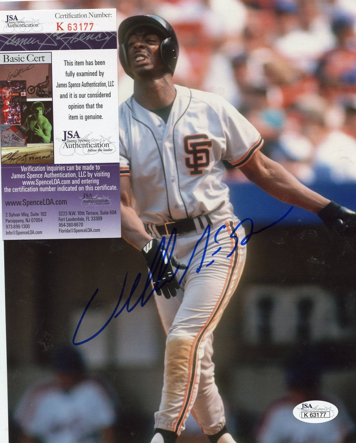 WILLIE MCGEE SAN FRANCISCO GIANTS ACTION SIGNED AUTOGRAPHED 8X10 JSA K 63177