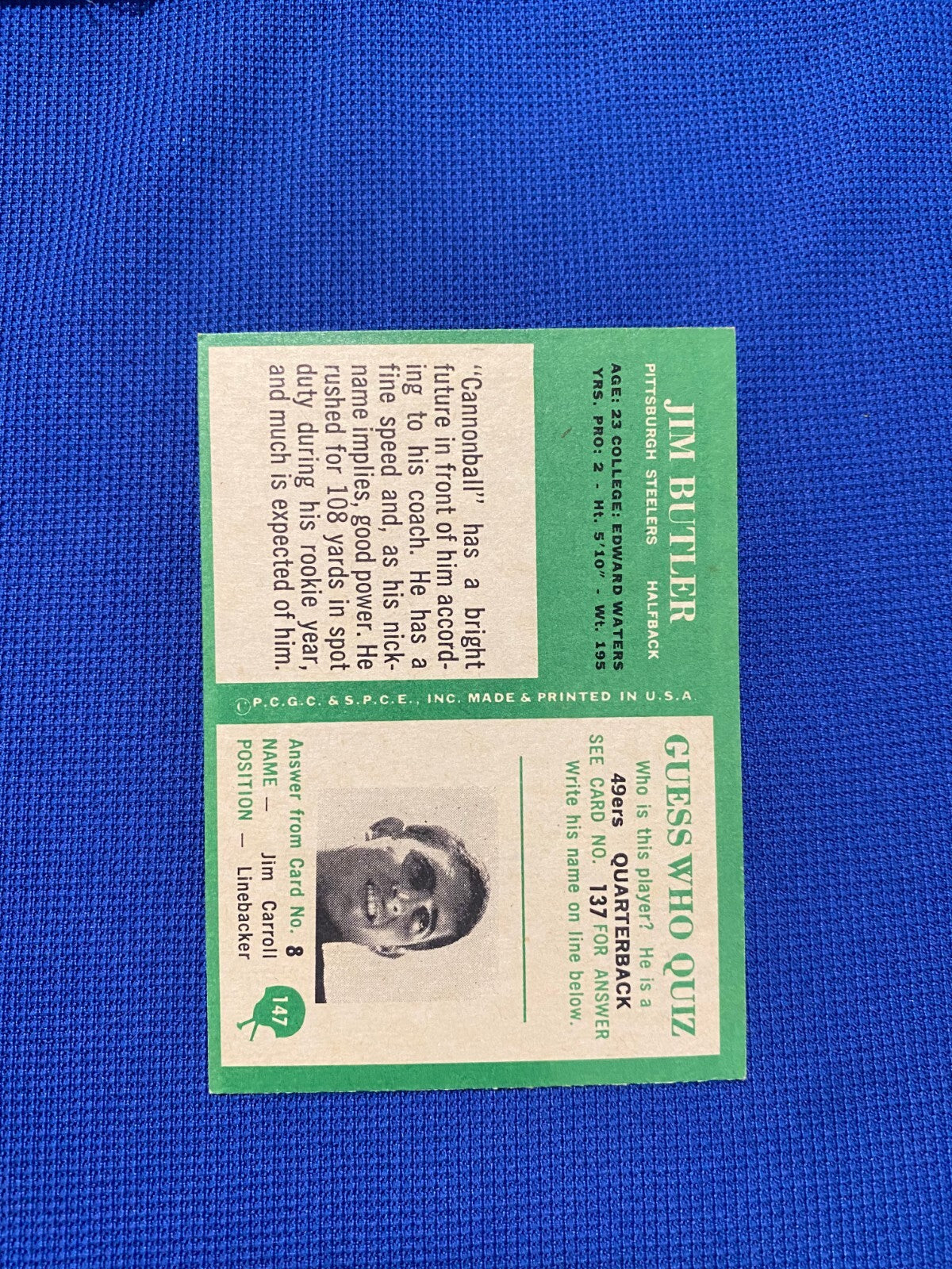 1966 PHILADELPHIA FOOTBALL JIM BUTLER PITTSBURGH STEELERS #147 CARD VINTAGE