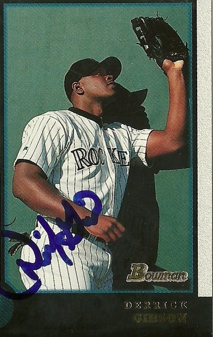 DERRICK GIBSON COLORADO ROCKIES SIGNED AUTOGRAPHED 1998 TOPPS CARD #144 W/COA