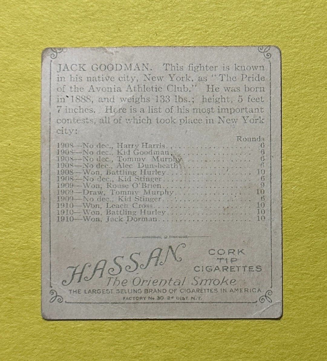 1910 T-218 CHAMPIONS JACK GOODMAN BOXING CARD