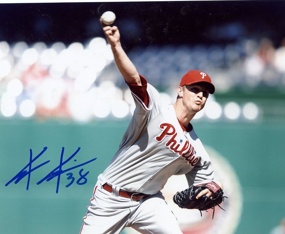 KYLE KENDRICK ACTION PHILADELPHIA PHILLIES SIGNED AUTOGRAPHED 8X10 PHOTO W/COA