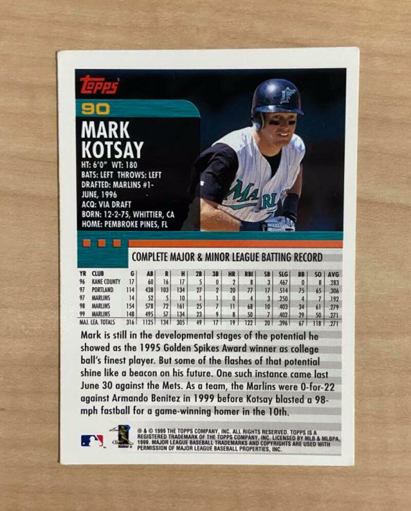 MARK KOTSAY FLORIDA MARLINS SIGNED AUTOGRAPHED 2000 TOPPS CARD #90 W/COA