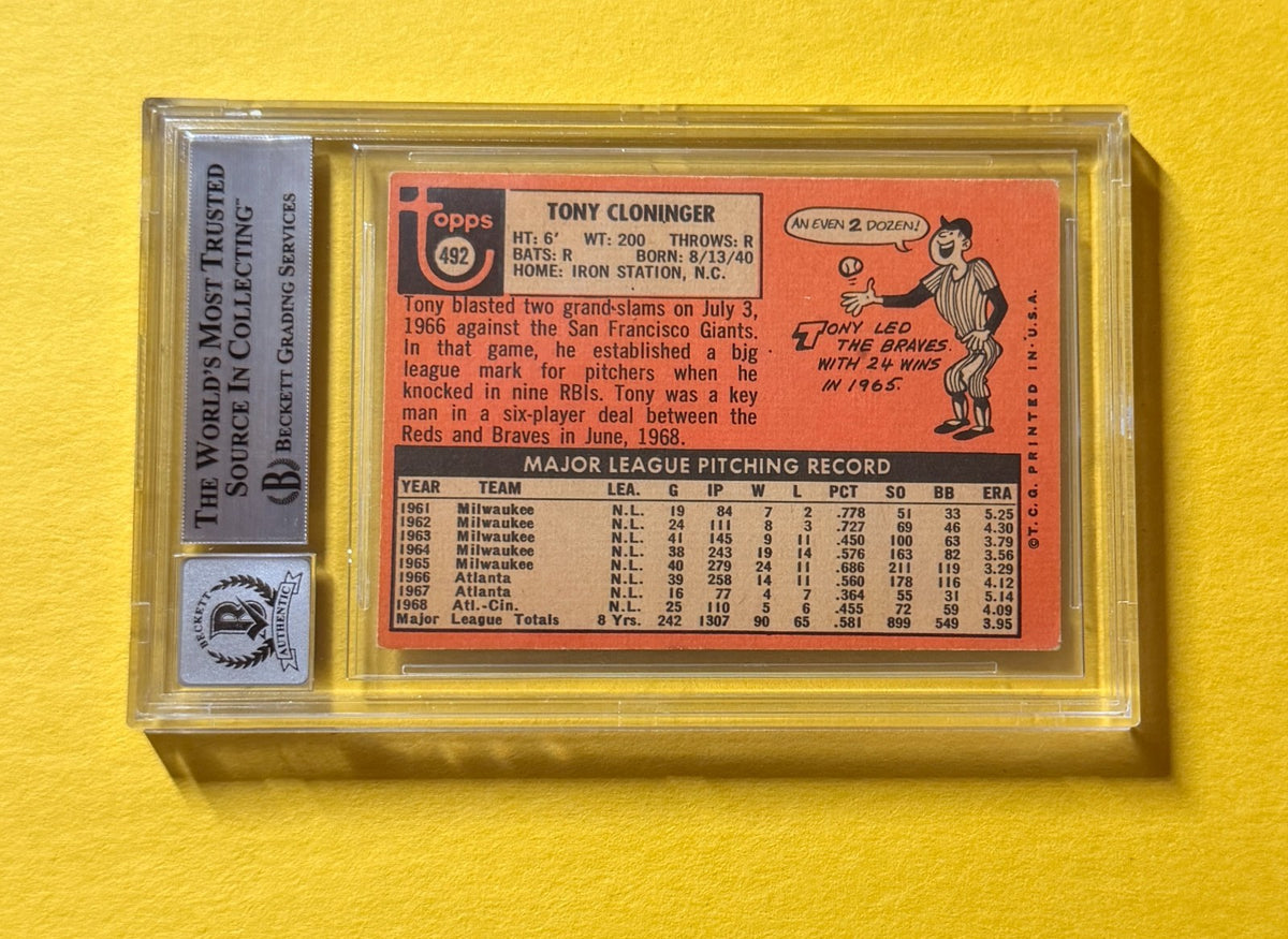 1969 TOPPS TONY CLONINGER #492 SIGNED AUTO CARD BECKETT 10 AUTHENTIC REDS