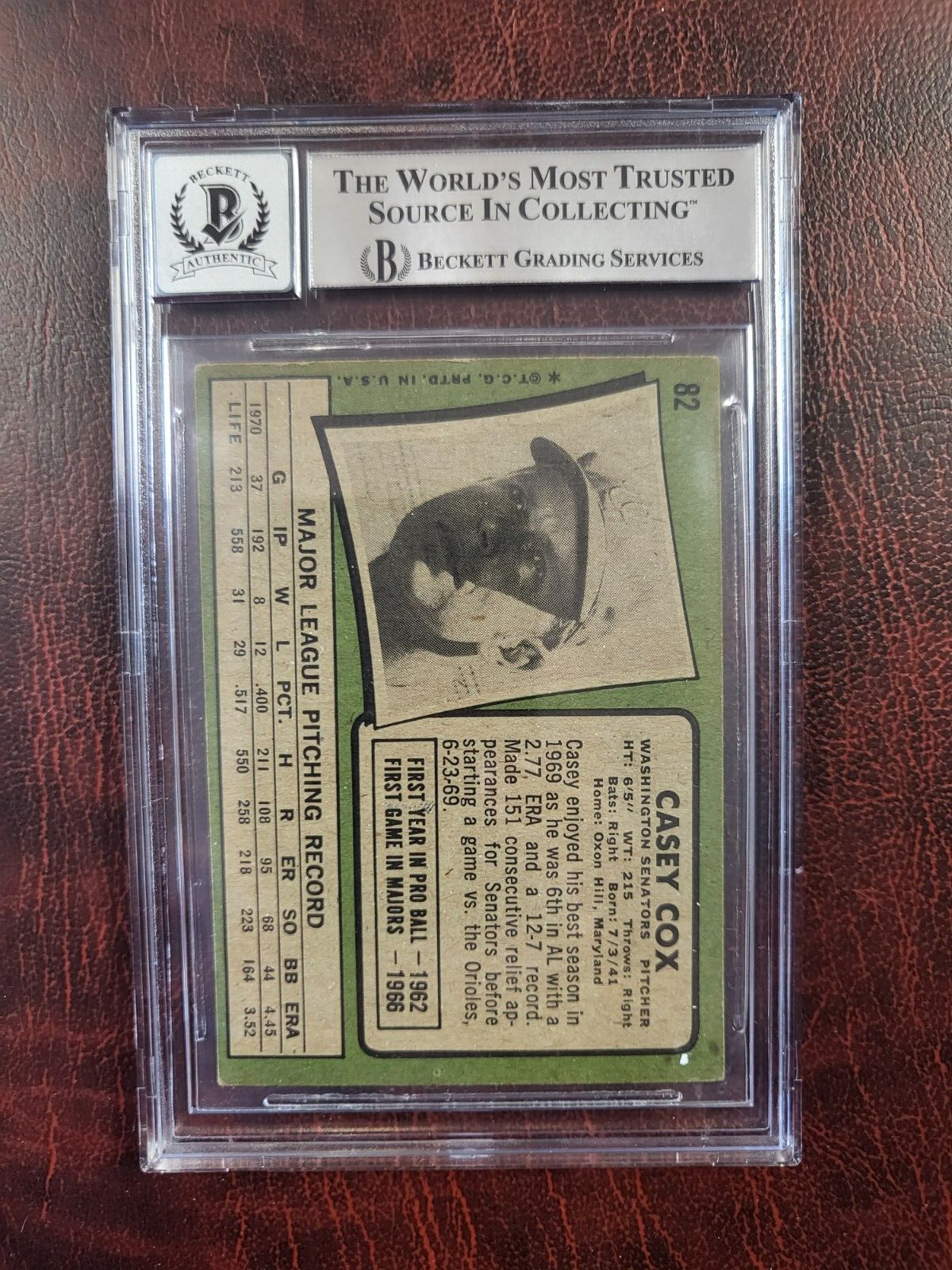 1971 TOPPS CASEY COX SENATORS SIGNED AUTOGRAPH #82 CARD BECKETT 10 AUTO