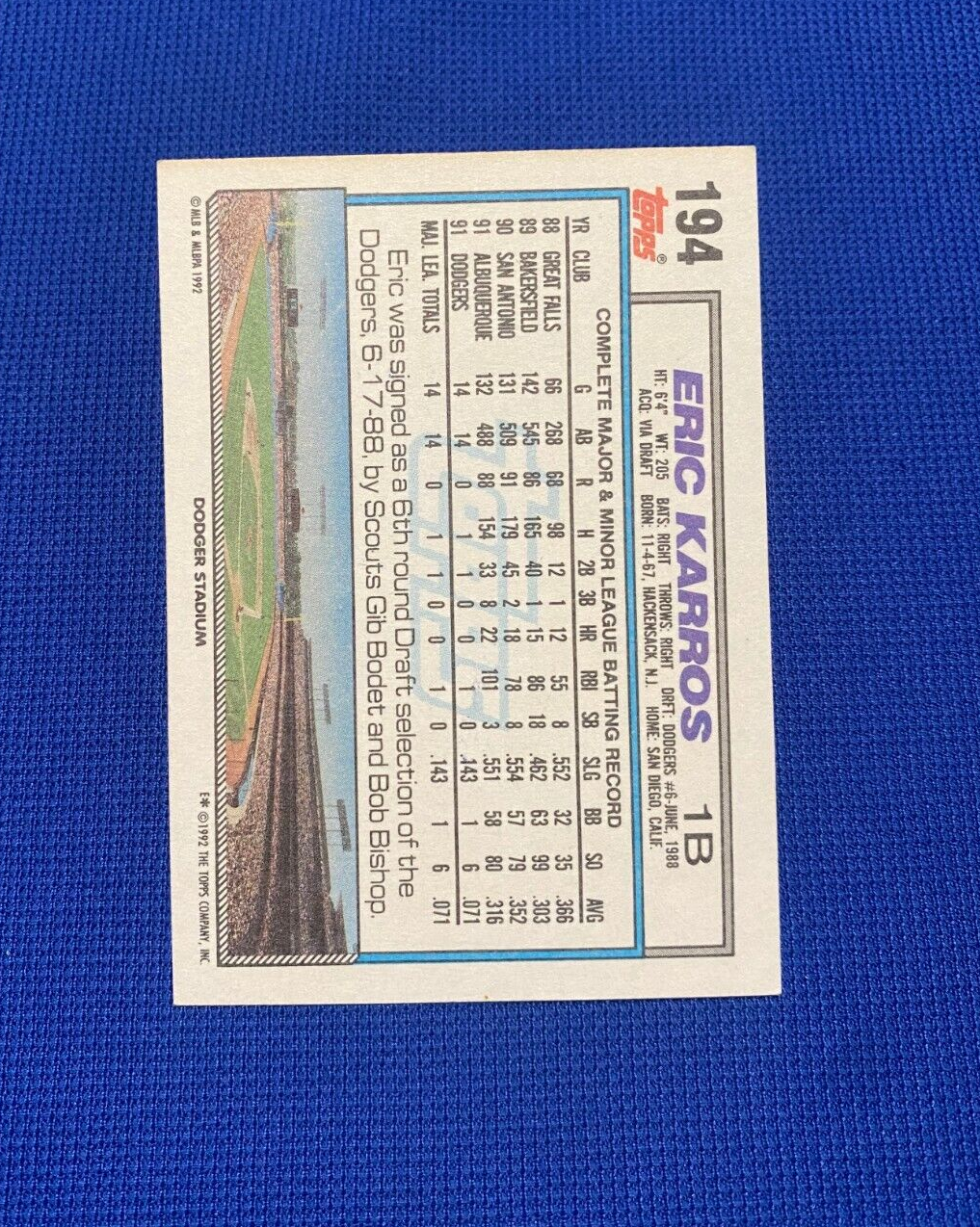 1992 TOPPS ERIC KARROS LOS ANGELES DODGERS SIGNED AUTOGRAPHED CARD #194 W/COA