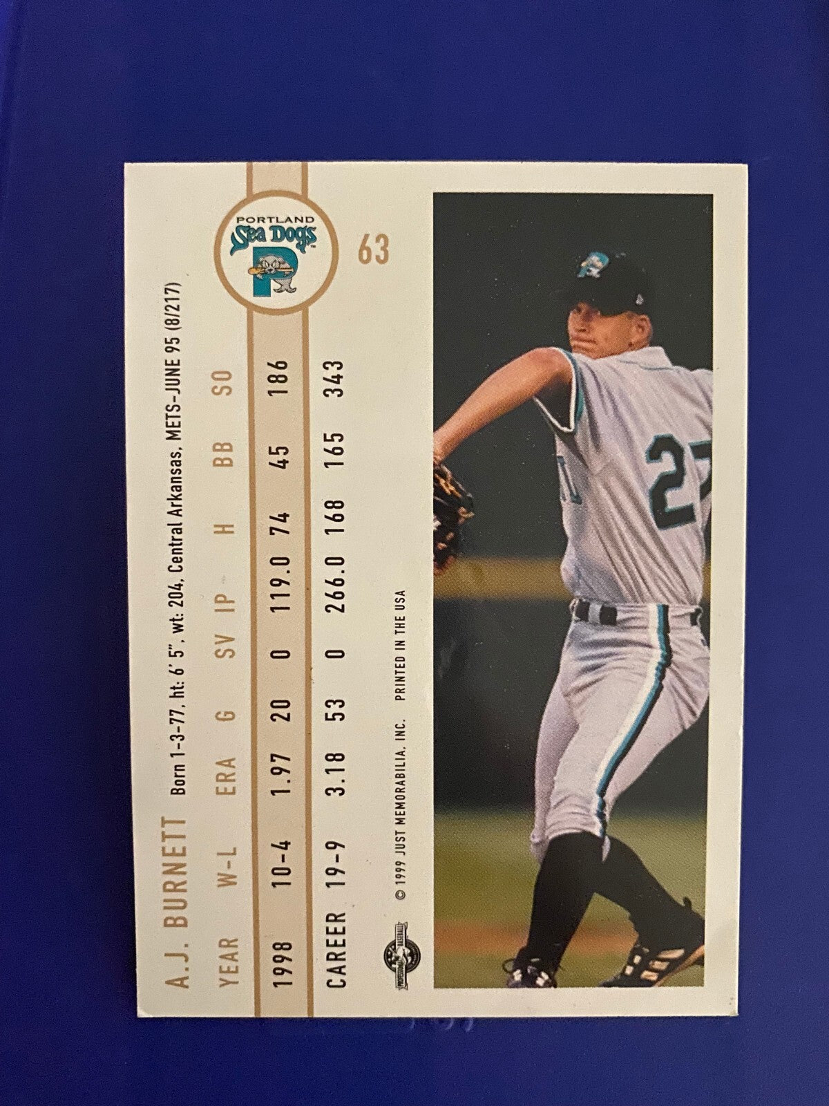 1999 JUST MINORS A.J. BURNETT MARLINS SIGNED AUTOGRAPH RC ROOKIE CARD #63 W/COA