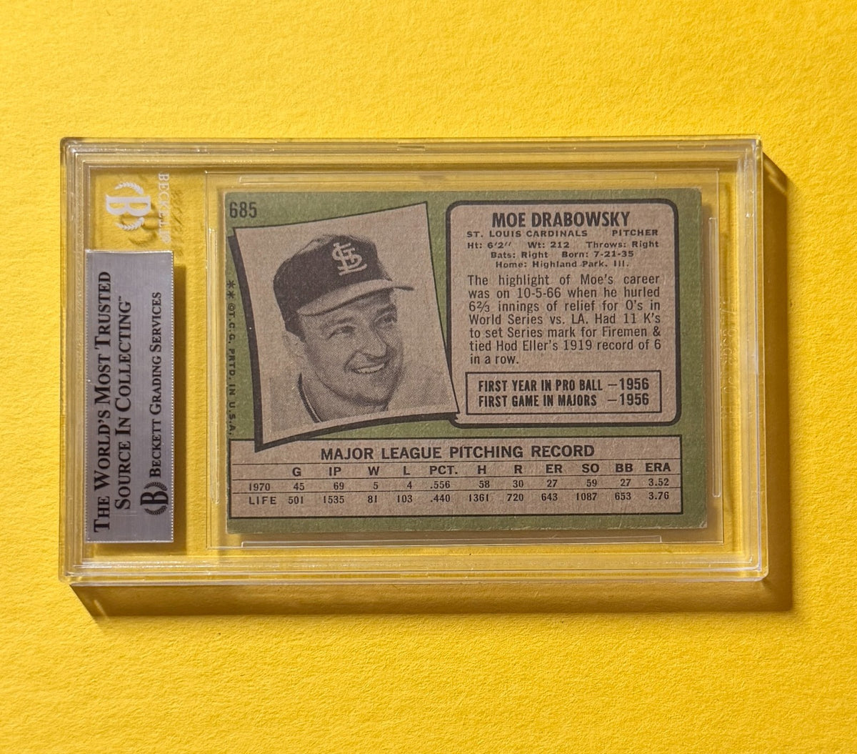 1971 TOPPS MOE DRABOWSKY #685 SIGNED AUTO CARD BECKETT AUTHENTIC CARDINALS