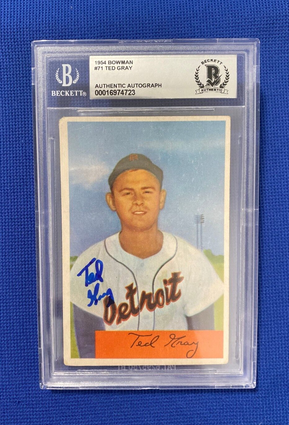 1954 BOWMAN TED GRAY TIGERS SIGNED AUTOGRAPHED AUTO #71 CARD BECKETT AUTH