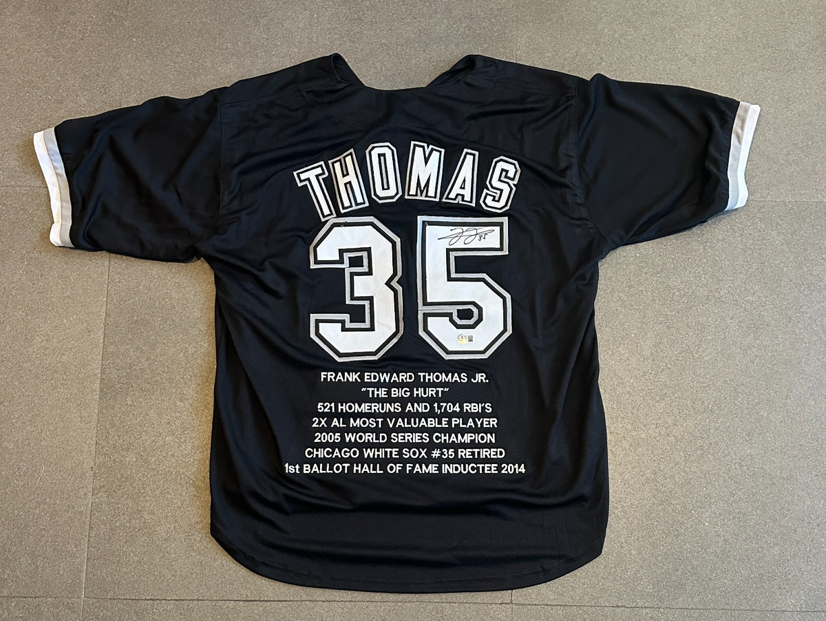FRANK THOMAS WHITE SOX SIGNED AUTO STATISTIC BLACK STITCHED JERSEY SZ XL BECKETT