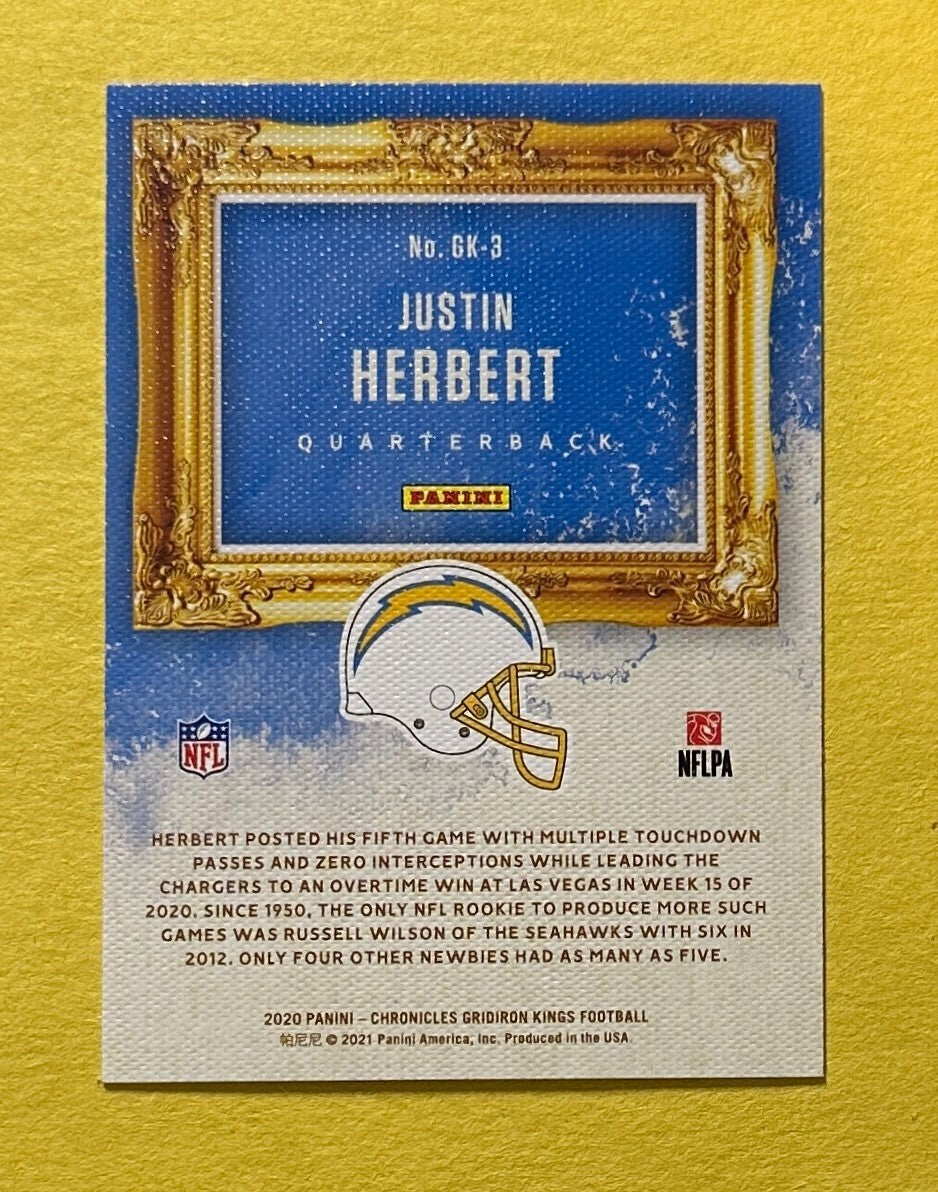 2020 PANINI CHRONICLES JUSTIN HERBERT GRIDIRON KINGS ROOKIE CARD #GK-3 CHARGERS