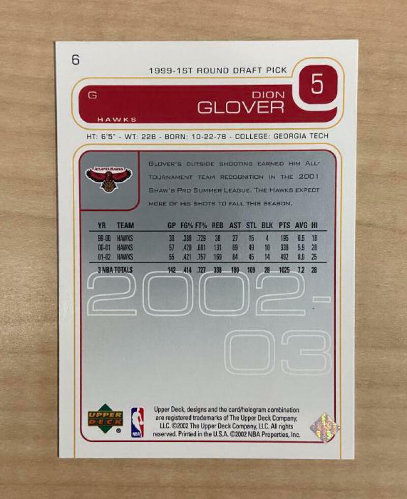 DION GLOVER ATLANTA HAWKS SIGNED AUTOGRAPHED 02-03 UPPER DECK CARD #6 W/COA