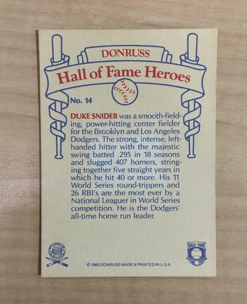 DUKE SNIDER BROOKLYN DODGERS SIGNED AUTOGRAPHED 1983 DONRUSS CARD #14 W/COA