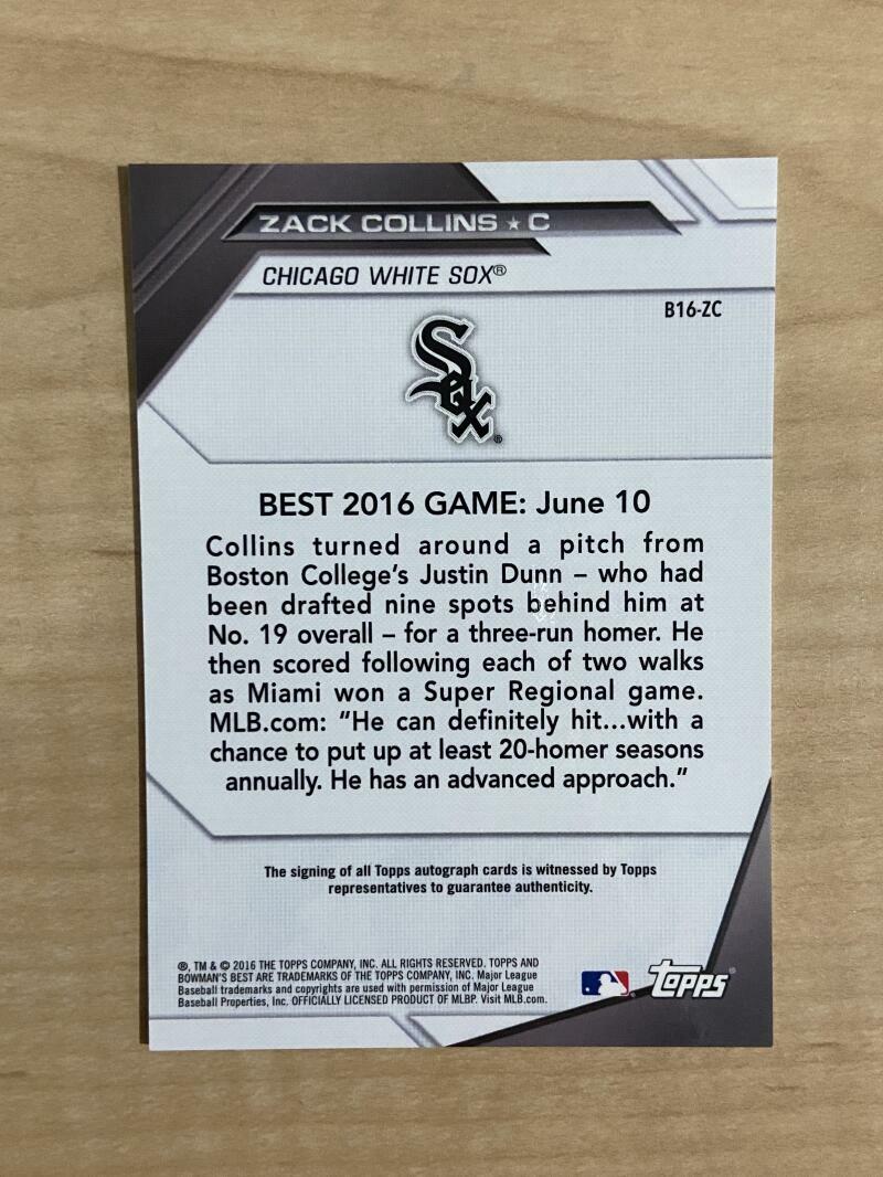 ZACK COLLINS CHICAGO WHITE SOX SIGNED AUTOGRAPHED 2016 BOWMANS BEST CARD #B16-ZC