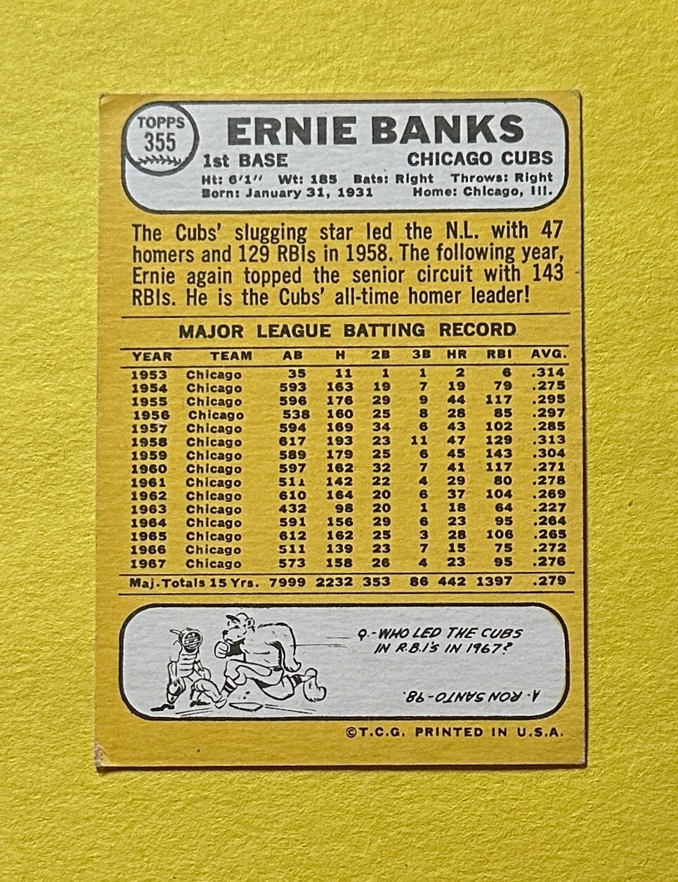 1968 TOPPS ERNIE BANKS #355 CUBS HOF