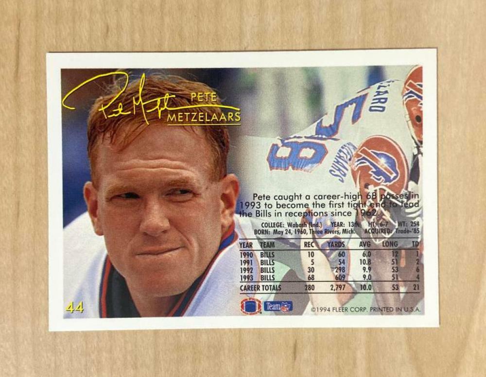 PETE METZELAARS BUFFALO BILLS SIGNED AUTOGRAPHED 1994 FLEER CARD #44 W/COA A