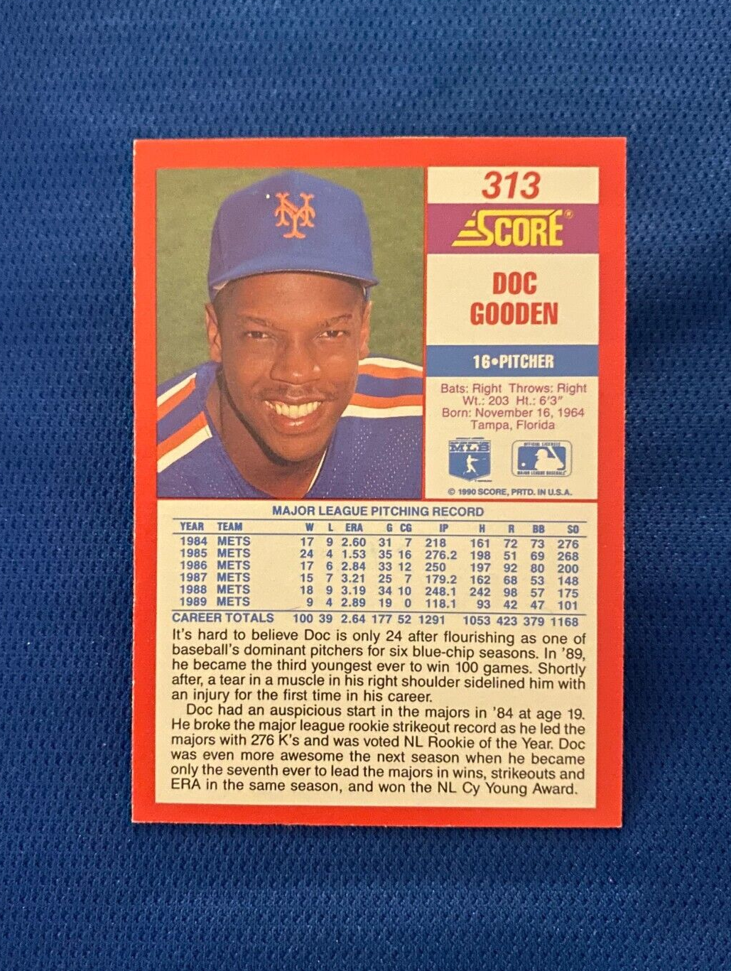 1990 SCORE DWIGHT DOC GOODEN NEW YORK METS SIGNED AUTOGRAPHED CARD #313 W/COA