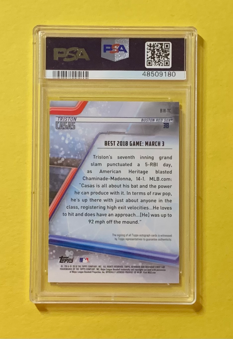 2018 BOWMAN'S BEST TRISTON CASAS BEST OF 2018 AUTO #B1BTC PSA MINT 9 RED SOX