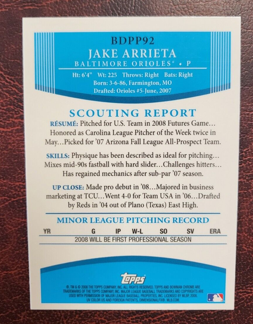 2008 BOWMAN CHROME PROSPECTS JAKE ARRIETA USA RC ROOKIE BASEBALL CARD #BDPP92