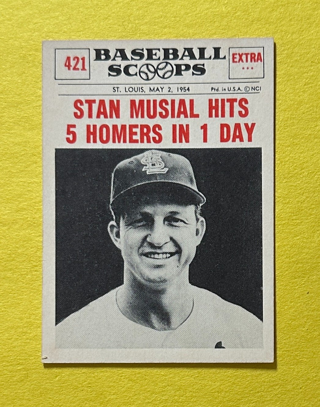 1961 NU-CARD BASEBALL SCOOPS STAN MUSIAL HITS 5 HOMERS IN 1 DAY #421 HOF