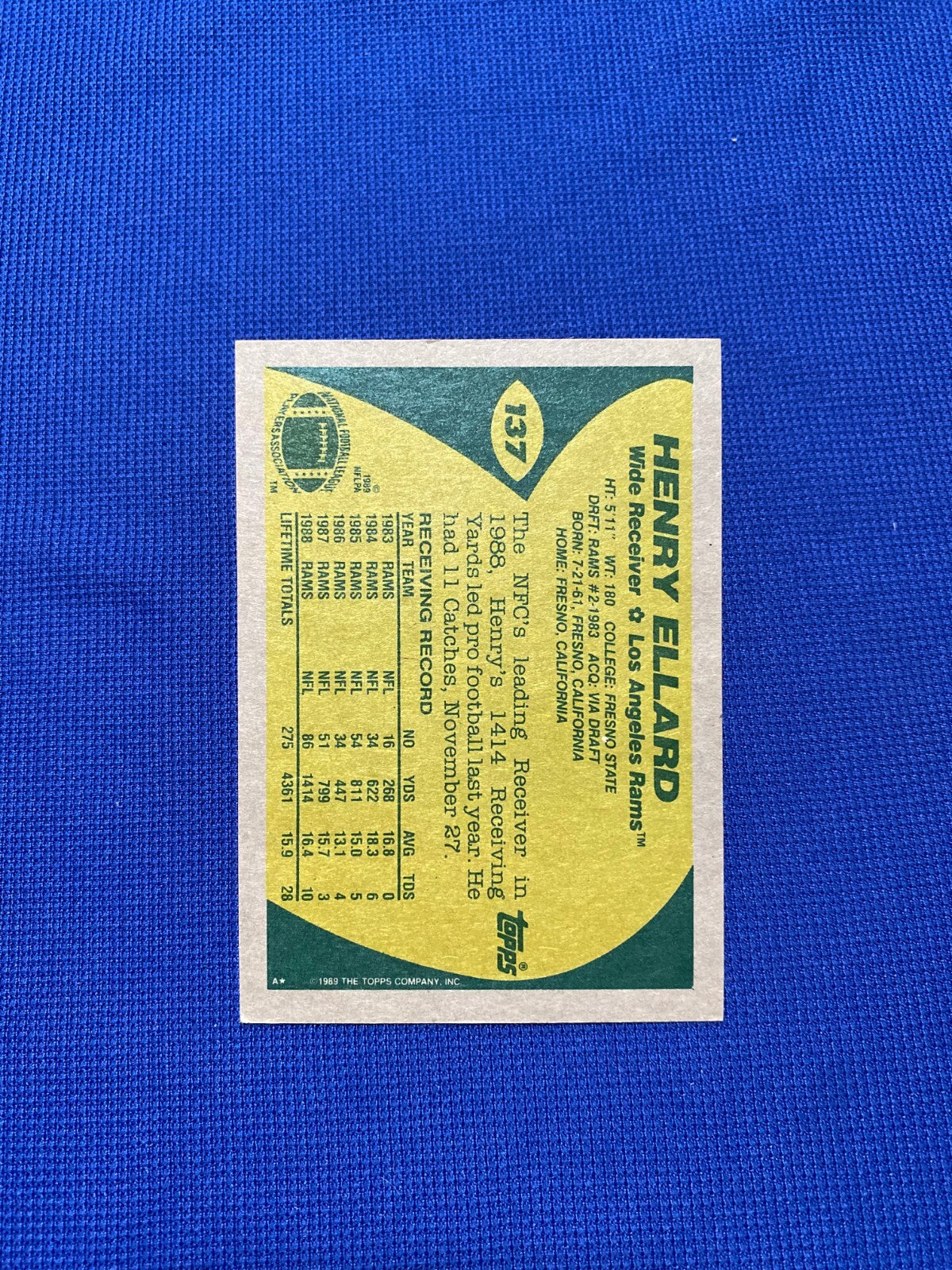 1989 TOPPS HENRY ELLARD LA RAMS SIGNED AUTOGRAPHED AUTO CARD #137 W/COA