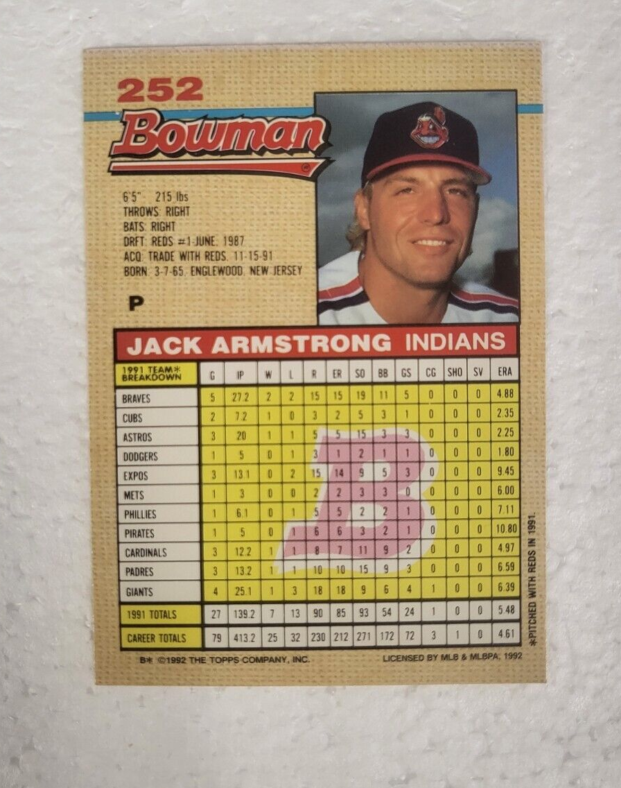 1992 BOWMAN JACK ARMSTRONG CLEVELAND INDIANS SIGNED AUTO CARD #252 W/COA