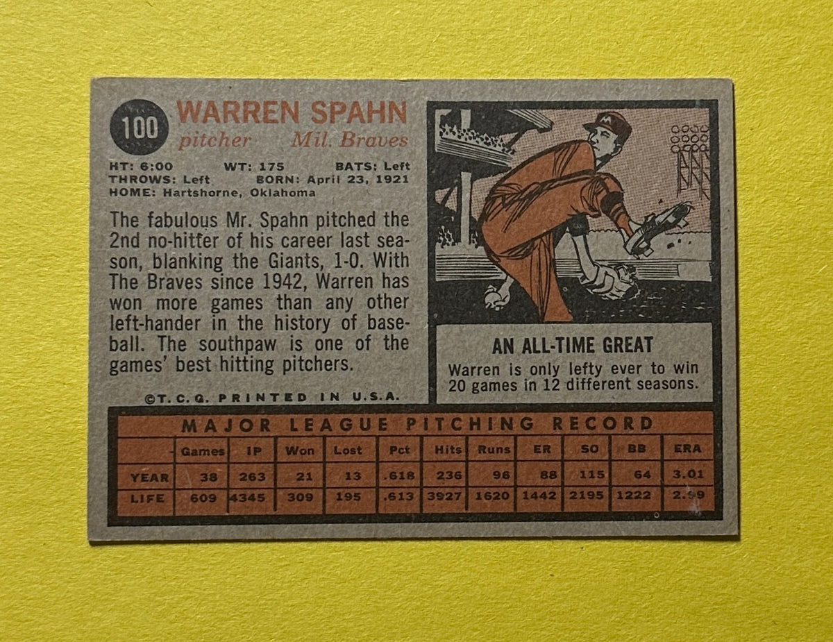 1962 TOPPS WARREN SPAHN #100 BRAVES HOF