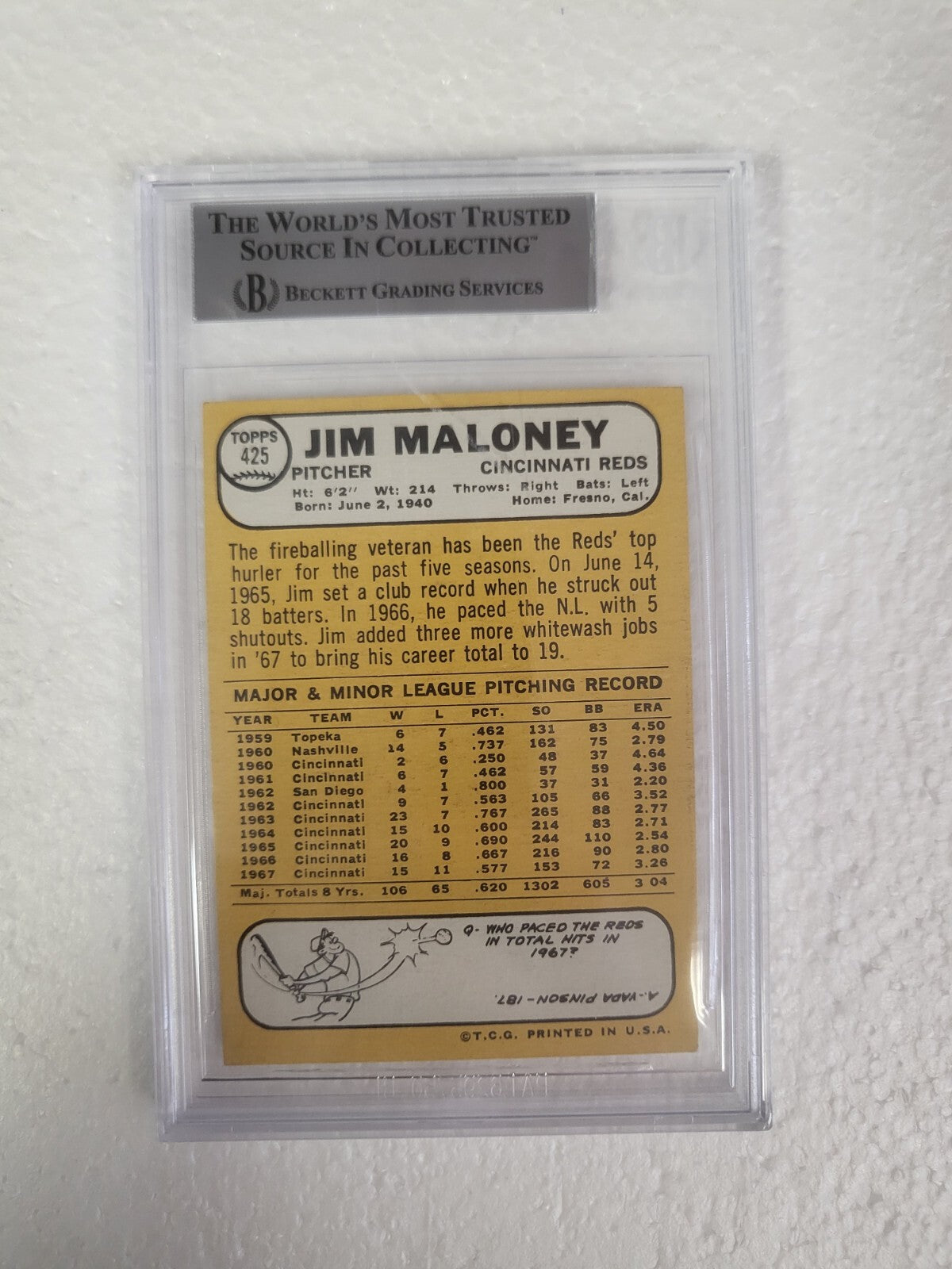 1968 TOPPS JIM MALONEY CINCINNATI REDS SIGNED AUTOGRAPHED #425 CARD BECKETT AUTH
