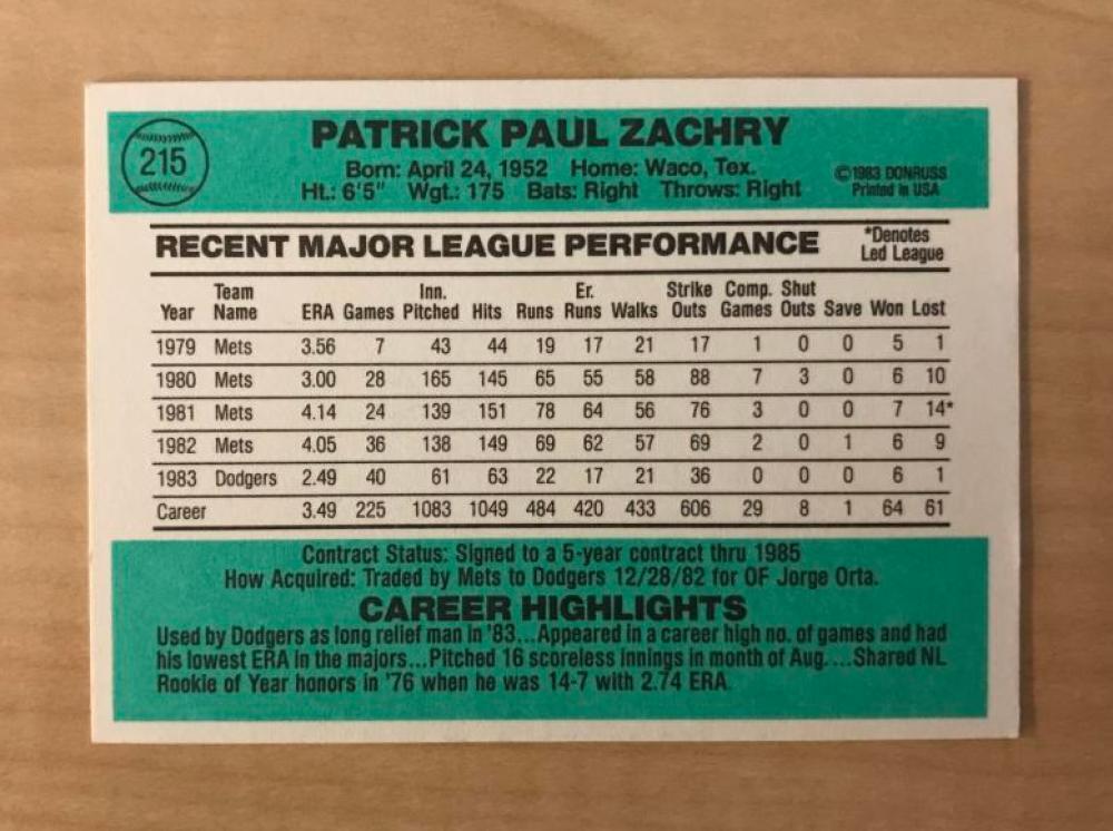 PAT ZACHRY LOS ANGELES DODGERS SIGNED AUTOGRAPHED 1984 DONRUSS CARD #215 W/COA