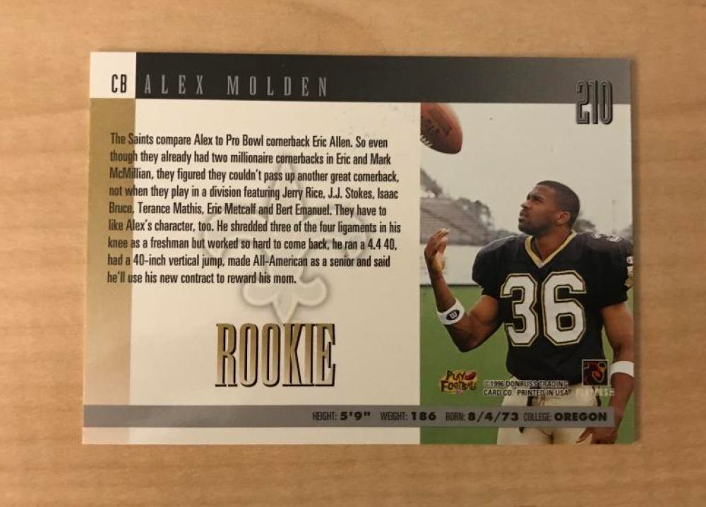 ALEX MOLDEN NEW ORLEANS SAINTS SIGNED AUTOGRAPHED 1996 DONRUSS CARD #210 W/COA