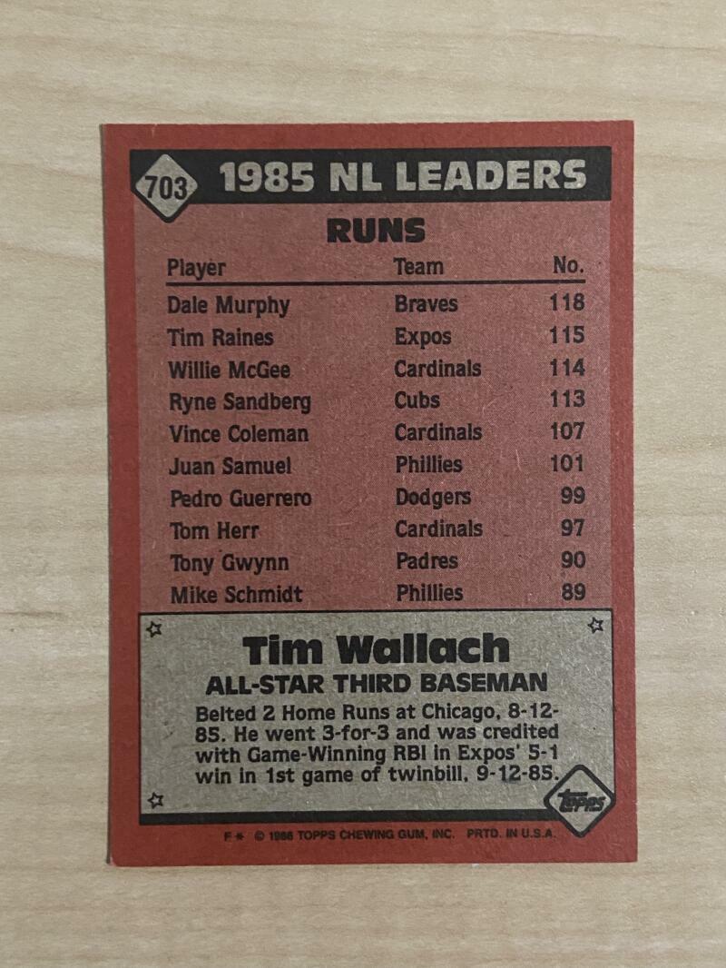 TIM WALLACH MONTREAL EXPOS SIGNED AUTOGRAPHED 1986 TOPPS CARD #703 W/COA