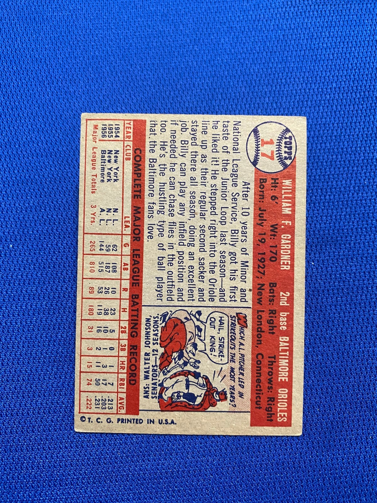 1957 TOPPS BILLY GARDNER BALTIMORE ORIOLES #17 CARD VINTAGE SET-BREAK