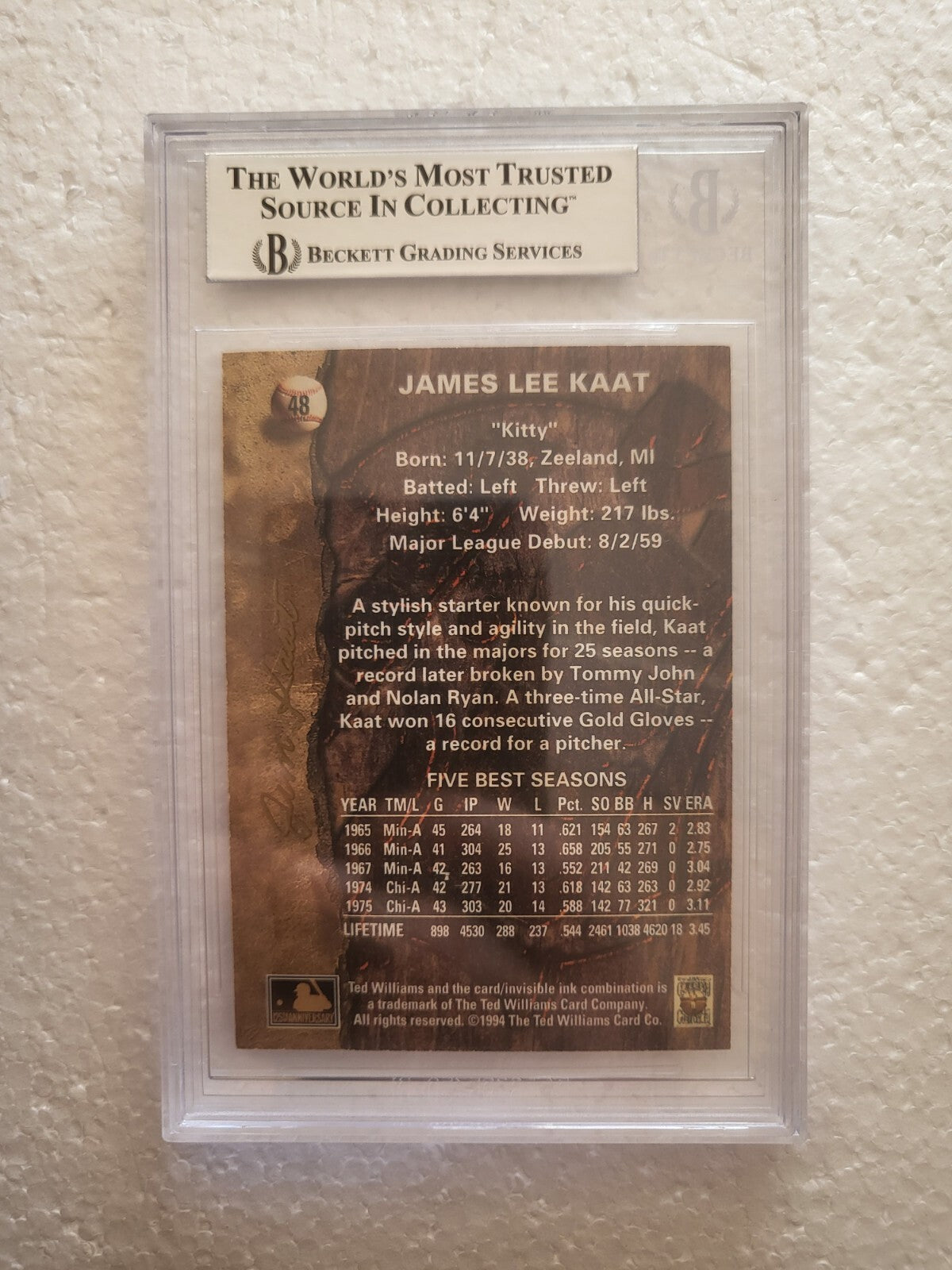 1994 TED WILLIAMS JIM KAAT MINNESOTA TWINS AUTO SIGNED CARD #48 BECKETT