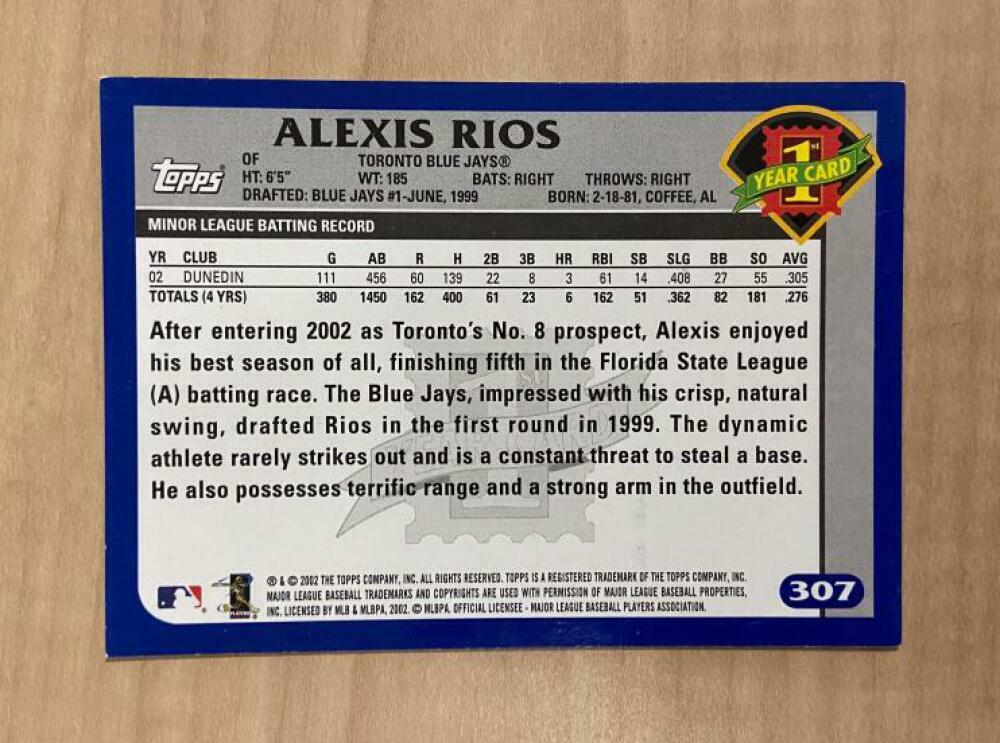 ALEXIS RIOS TORONTO BLUE JAYS SIGNED AUTOGRAPHED 2003 TOPPS CARD #307 W/COA