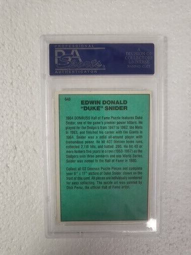 1984 DONRUSS DUKE SNIDER DODGERS SIGNED AUTOGRAPHED AUTO #648 CARD PSA