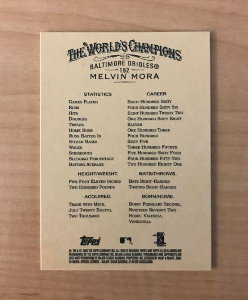MELVIN MORA BALTIMORE ORIOLES SIGNED AUTOGRAPHED 2006 TOPPS CARD #192 W/COA