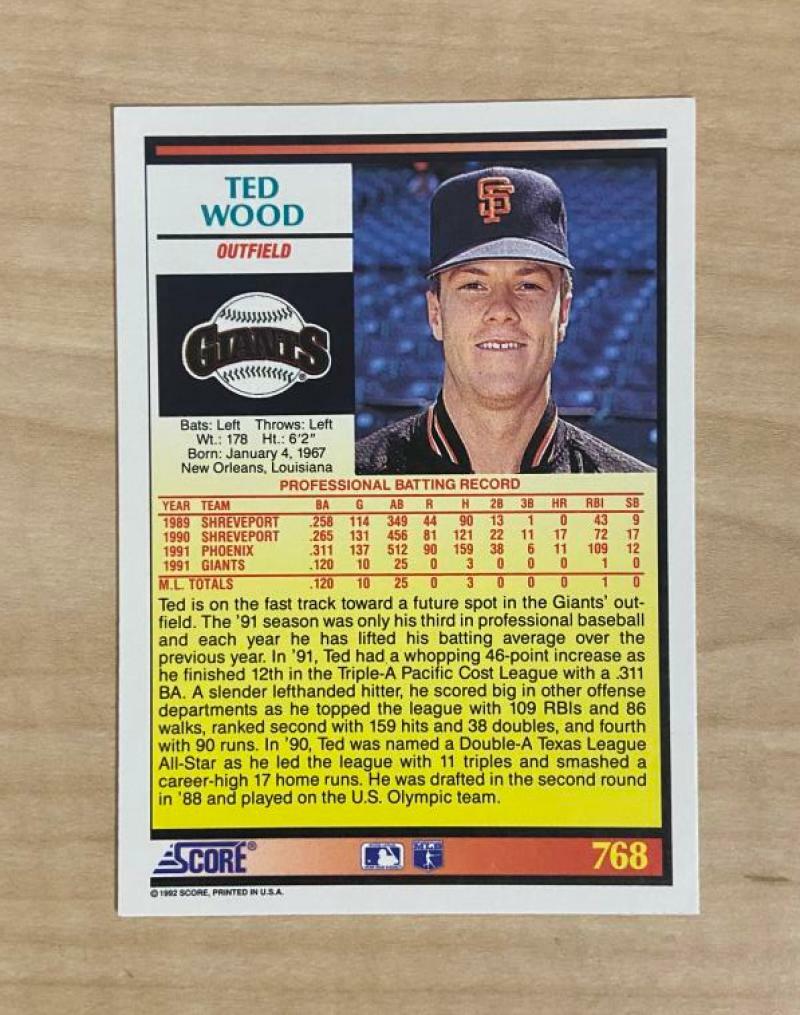 TED WOOD SAN FRANCISCO GIANTS SIGNED AUTOGRAPHED 1992 SCORE CARD #768 W/COA