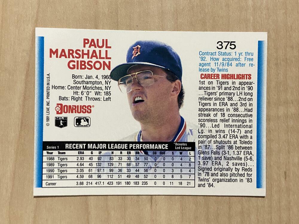 PAUL GIBSON DETROIT TIGERS SIGNED AUTOGRAPHED 1992 DONRUSS CARD #375 W/COA