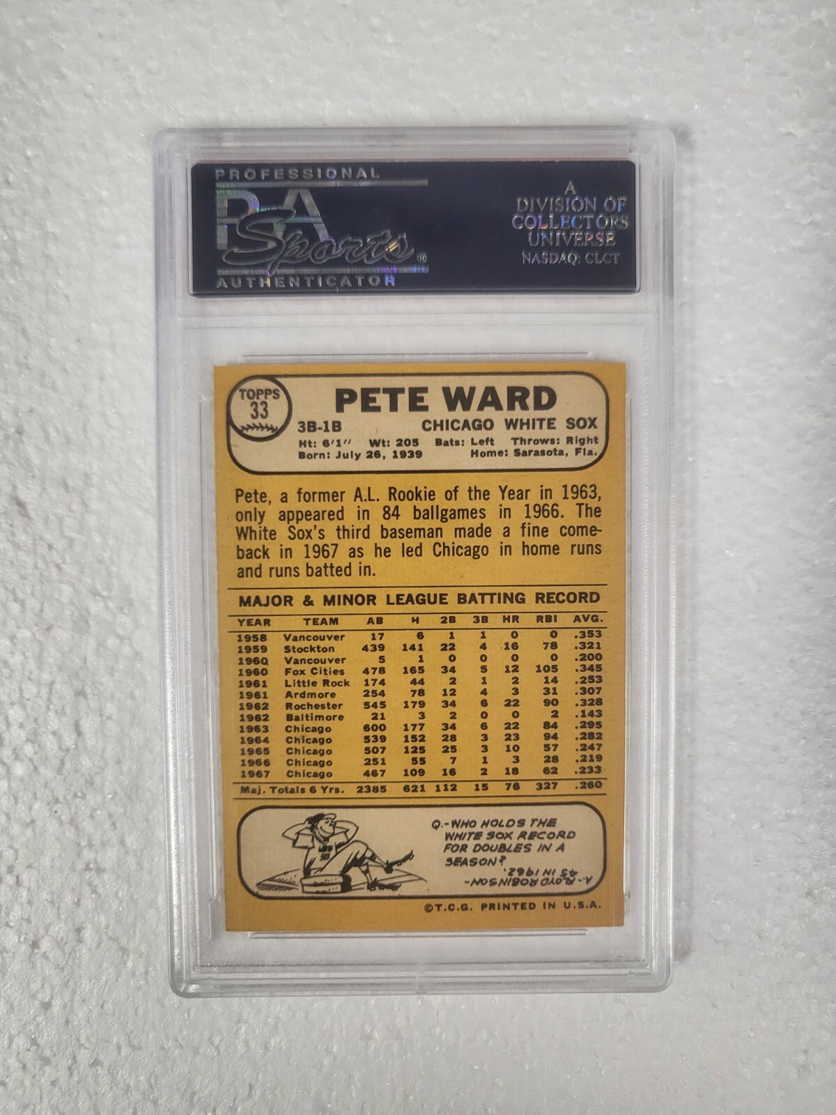 1968 TOPPS PETE WARD CHICAGO WHITE SOX SIGNED AUTOGRAPHED #33 CARD PSA