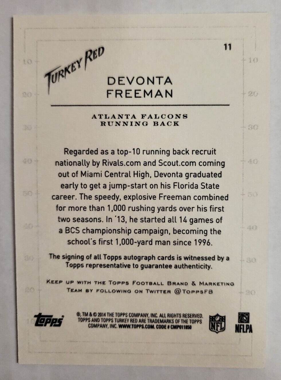 2014 TOPPS TURKEY RED DEVONTA FREEMAN ROOKIE AUTO #11 FOOTBALL CARD