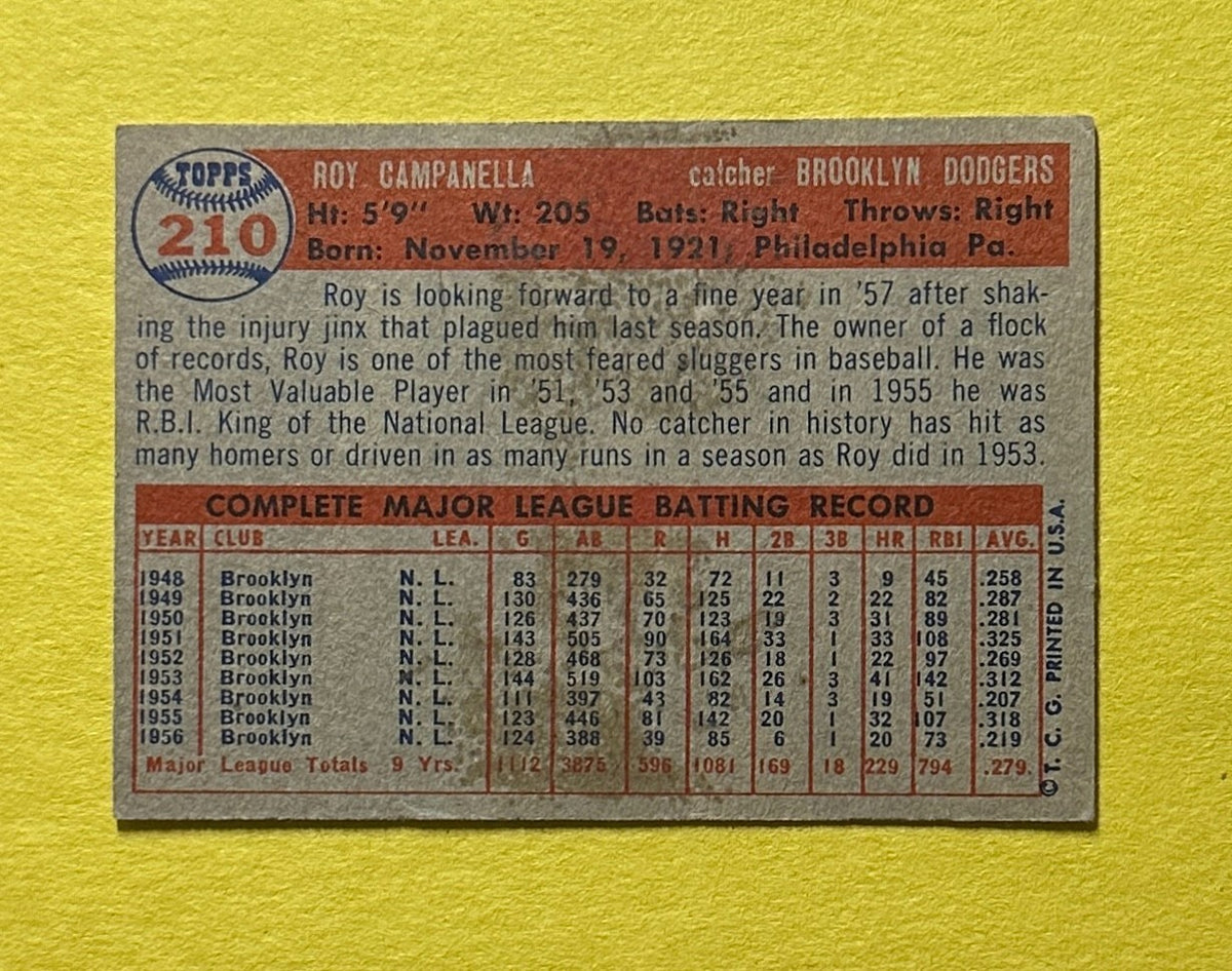 1957 TOPPS ROY CAMPANELLA #210 DODGERS HOF