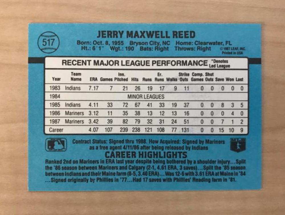 JERRY REED SEATTLE MARINERS SIGNED AUTOGRAPHED 1988 DONRUSS CARD #517 W/COA