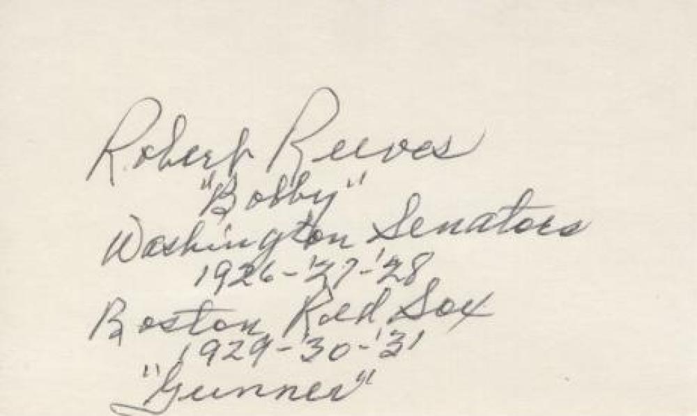 BOBBY "GUNNER" REEVES SENATORS/RED SOX SIGNED 3X5 INDEX CARD W/ COA