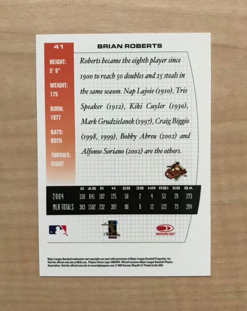 BRIAN ROBERTS BALTIMORE ORIOLES SIGNED AUTOGRAPHED 2005 DONRUSS CARD #41 W/COA